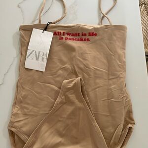 Zara thong bodysuit "all I want in life is pancakes"